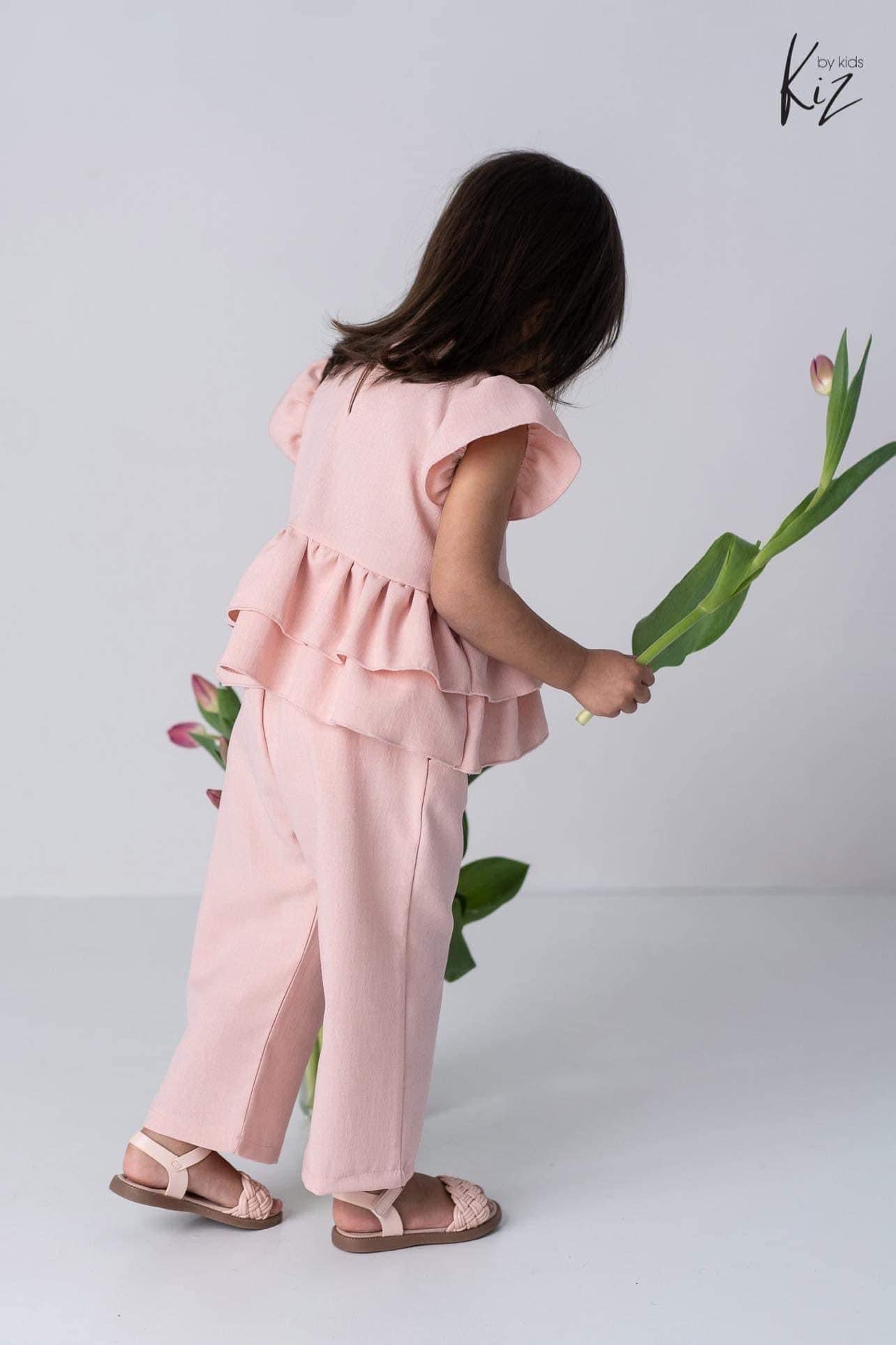 Meisjes Set ‘Nancy’ Linnen Blouse Met Korte Mouwen Ruches En Linnen Broek Poeder-Roze