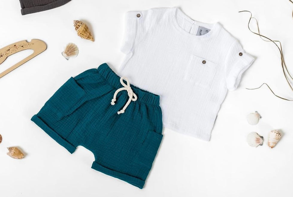 Jongens Setje 'Delano' Mousseline T-Shirt Wit En Mousseline Shorts Hydro