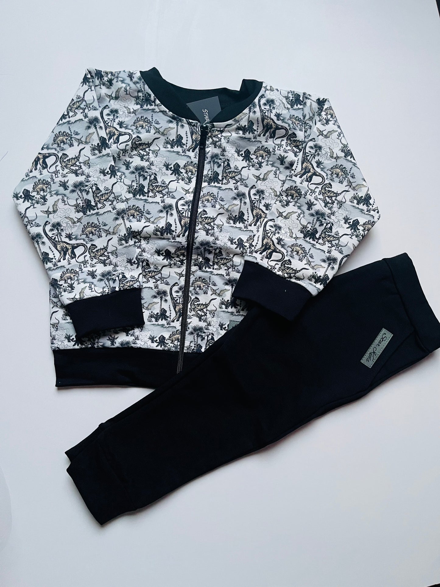Jongens Setje 'Jurassic' Vestje Met Rits Dinoprint Licht Gijs / Zwart en Joggingbroek Met Zakken Zwart