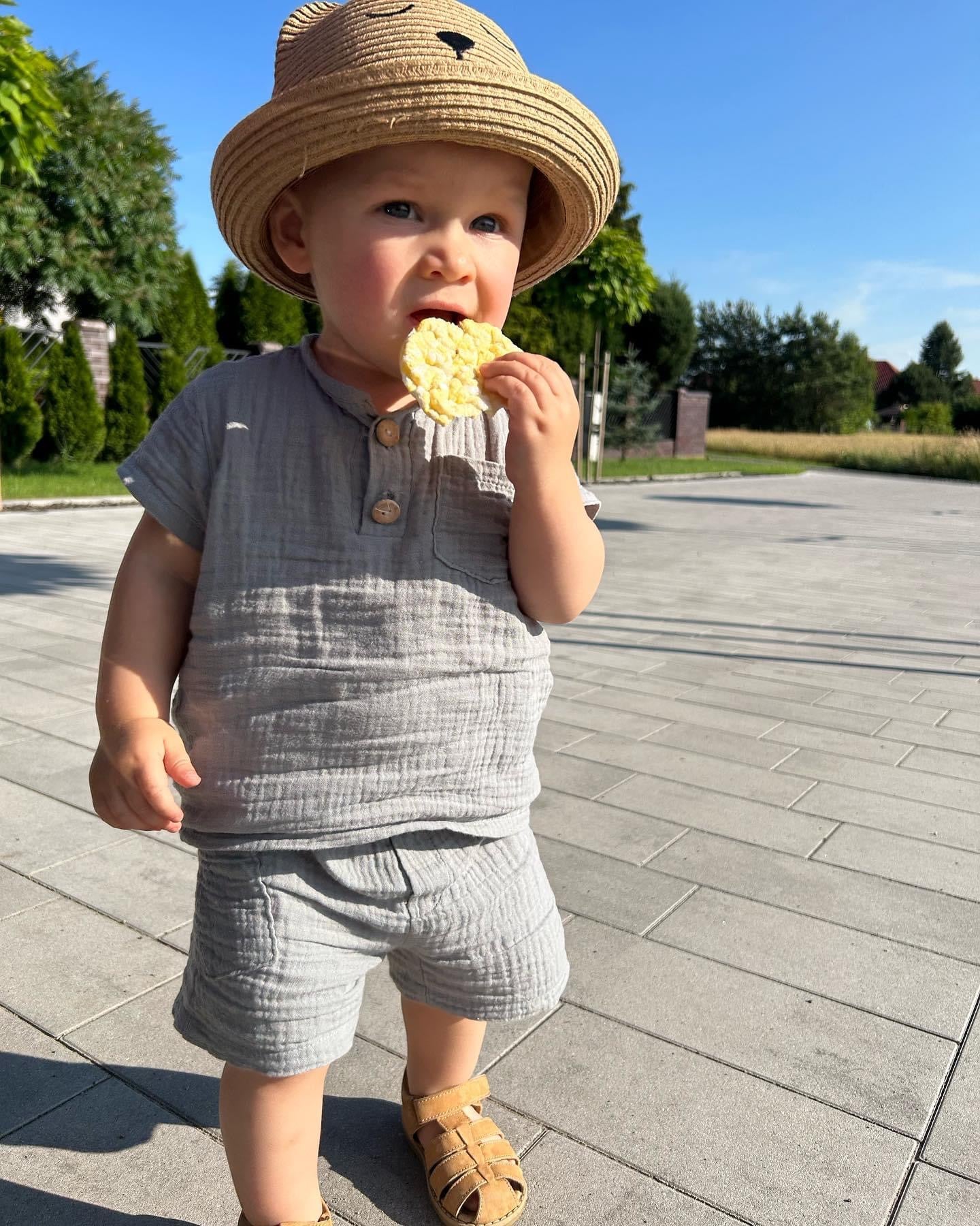 Jongens Setje ‘Kian’ Mousseline T-Shirt En Mousseline Shorts Grijs