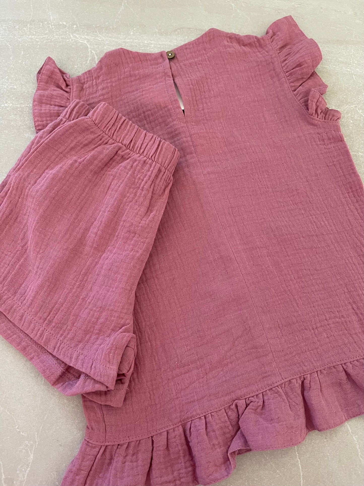 Meisjes Setje ‘Merel’ Mousseline Blouse En Mousseline Korte Broek Elastische Taille Oud-Roze