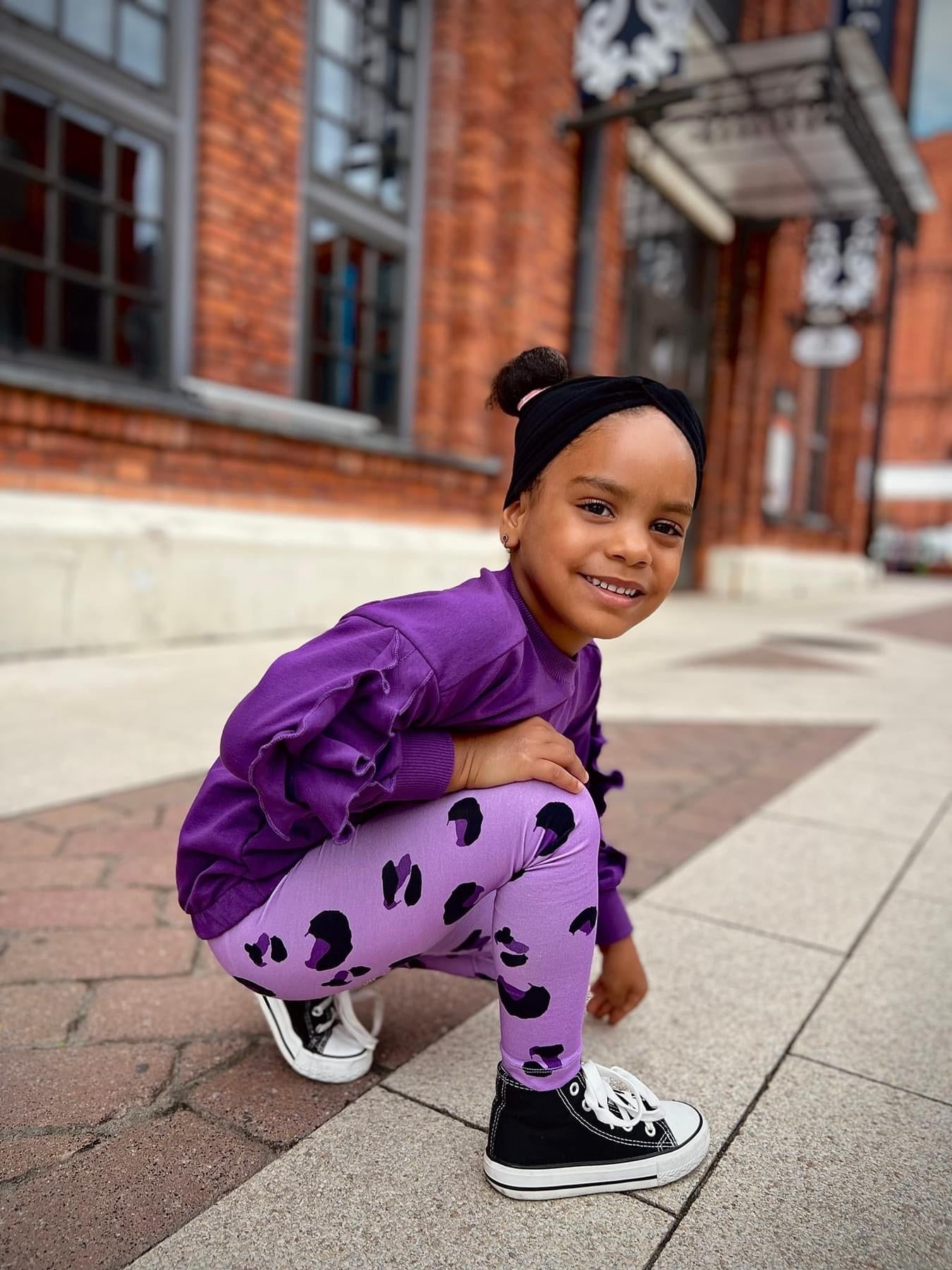 Meisjes Setje ‘Hailey', Sweatshirt met Ruches Paars en Legging Licht-Paars met Luipaard-print