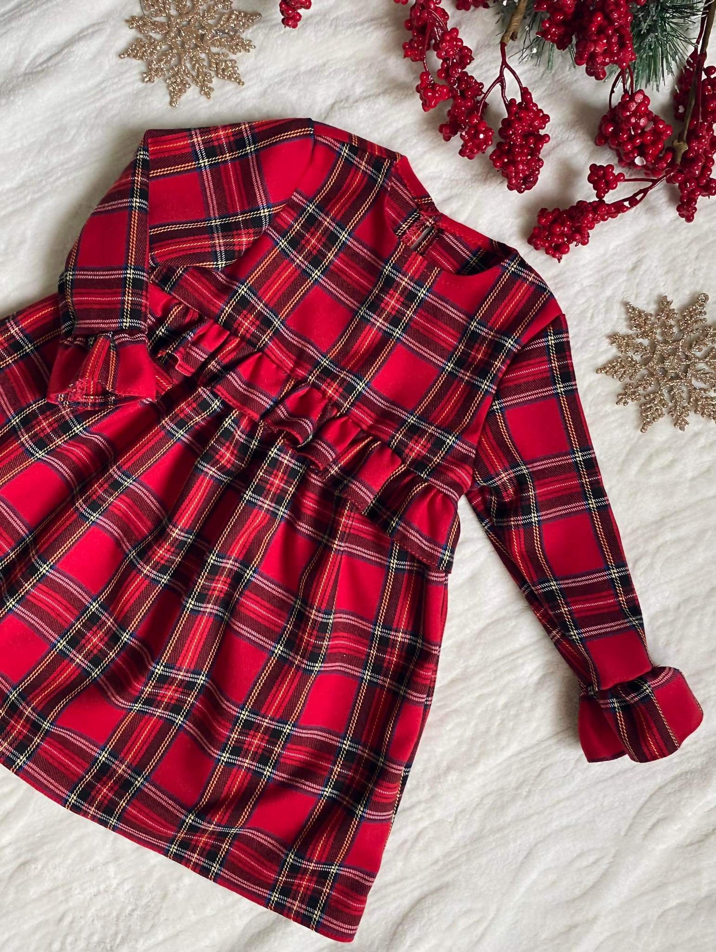 Meisjes Jurkje ‘Nona’ Met Ruche in de Taille Rood Zwart Wit Geruit