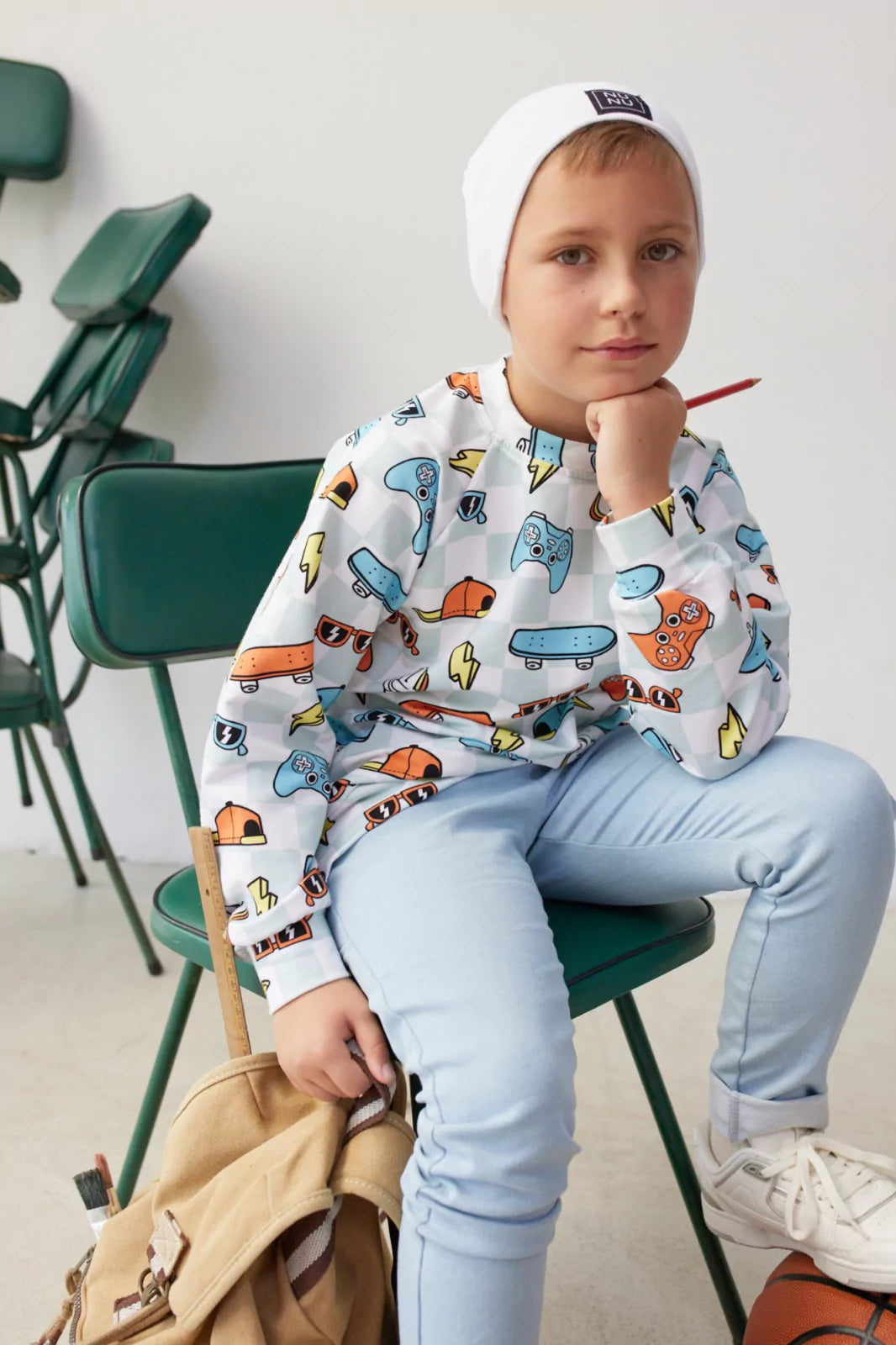 Jongens Sweatshirt ‘Skater’ Met Skateboard Print Wit / Licht-Blauw
