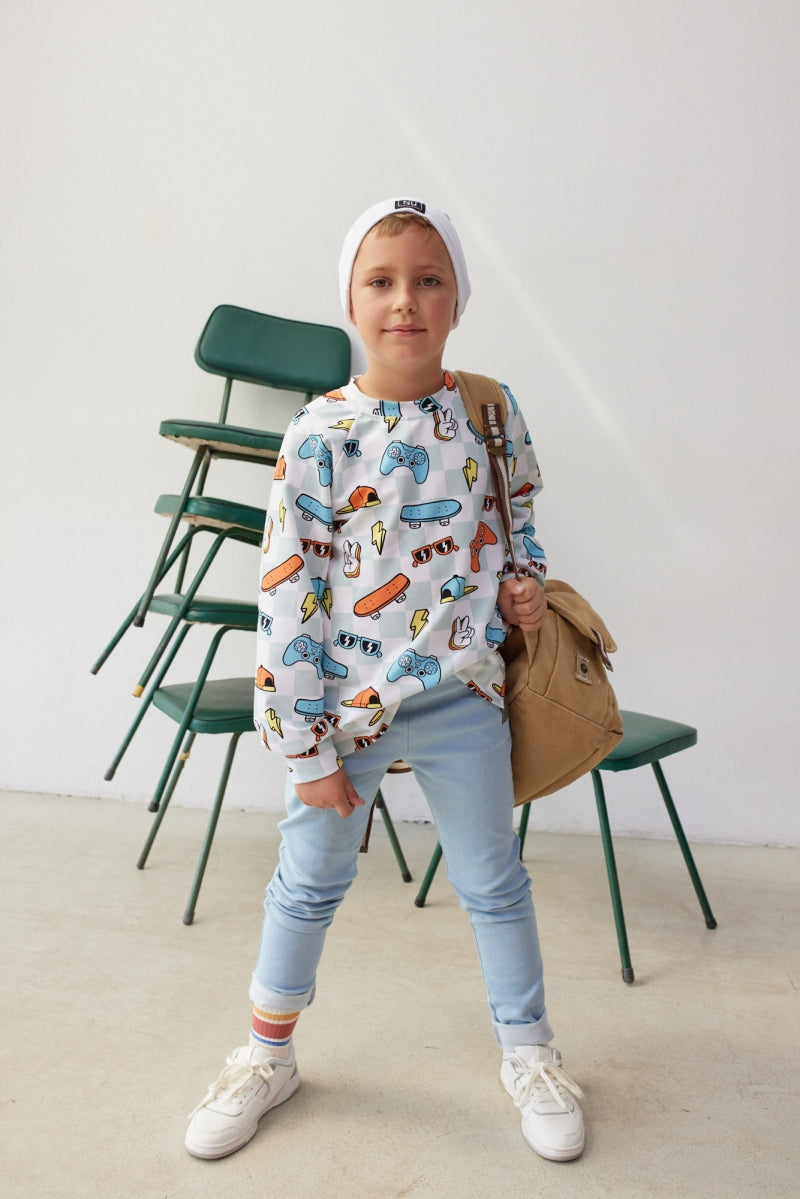 Jongens Sweatshirt ‘Skater’ Met Skateboard Print Wit / Licht-Blauw