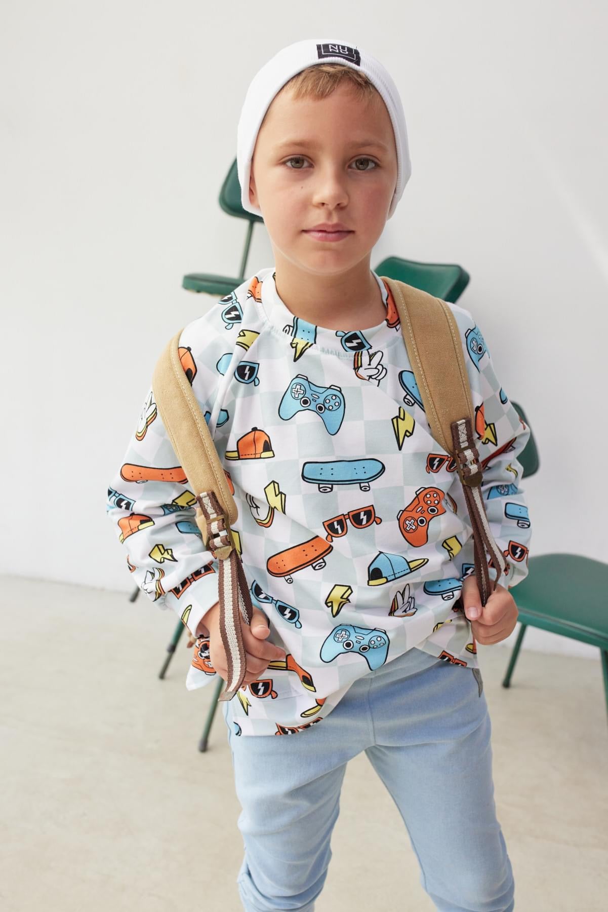 Jongens Sweatshirt ‘Skater’ Met Skateboard Print Wit / Licht-Blauw