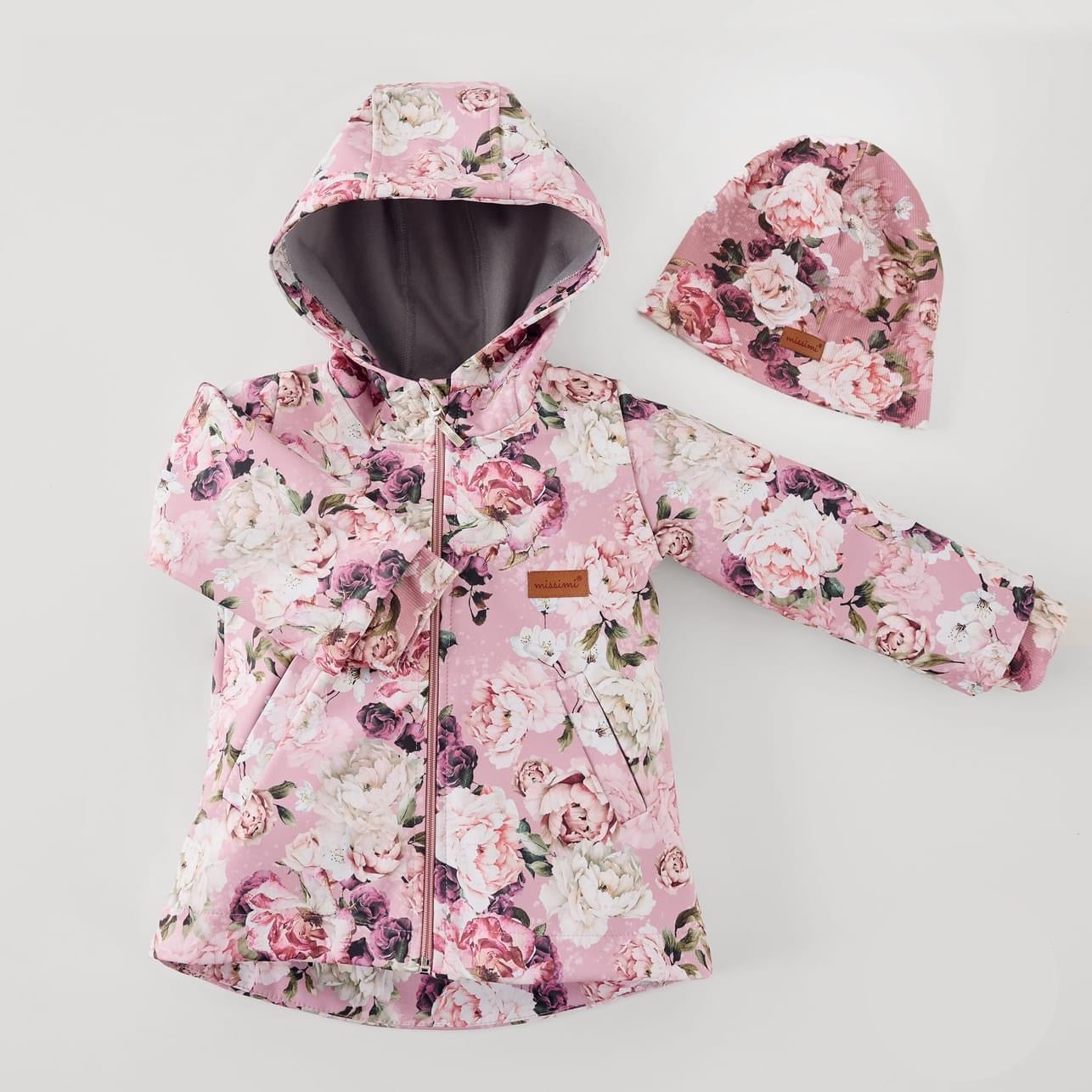 Meisjes Softshell Jas ‘Mikky’ met Rits en Capuchon en Zakken Roze Tint Bloemen Motief