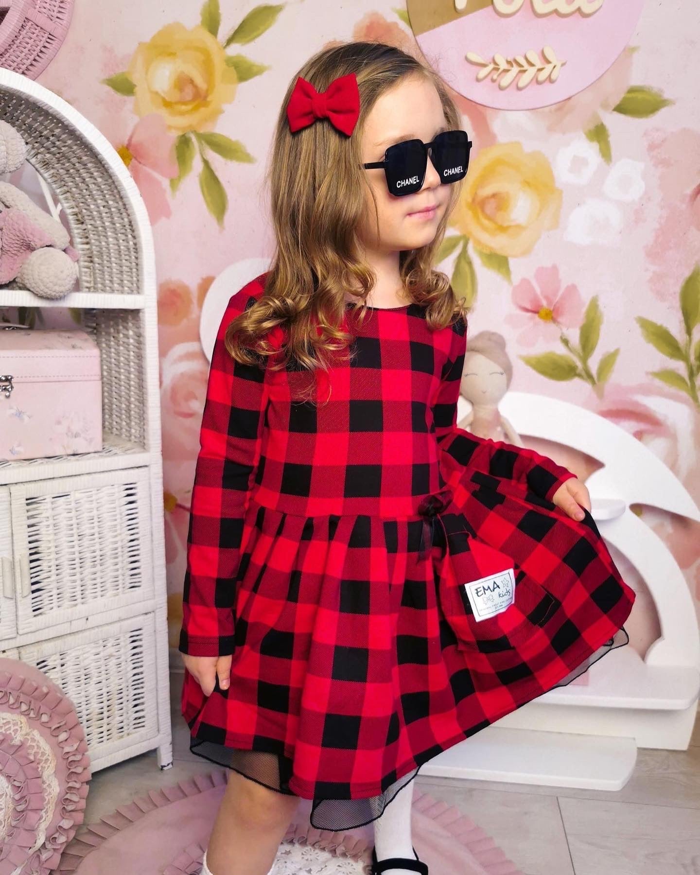 Jurk 'Claudia' Met enkele Tule Rood / Zwart Geruit