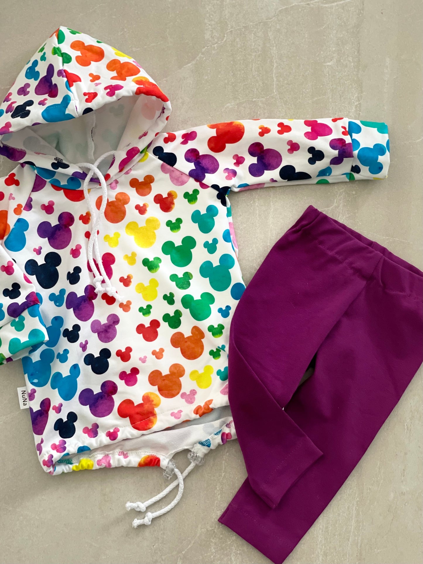Meisjes Setje 'Colourful Mickey' Oversized Hoodie Wit/Mickey Print en Legging PAARS