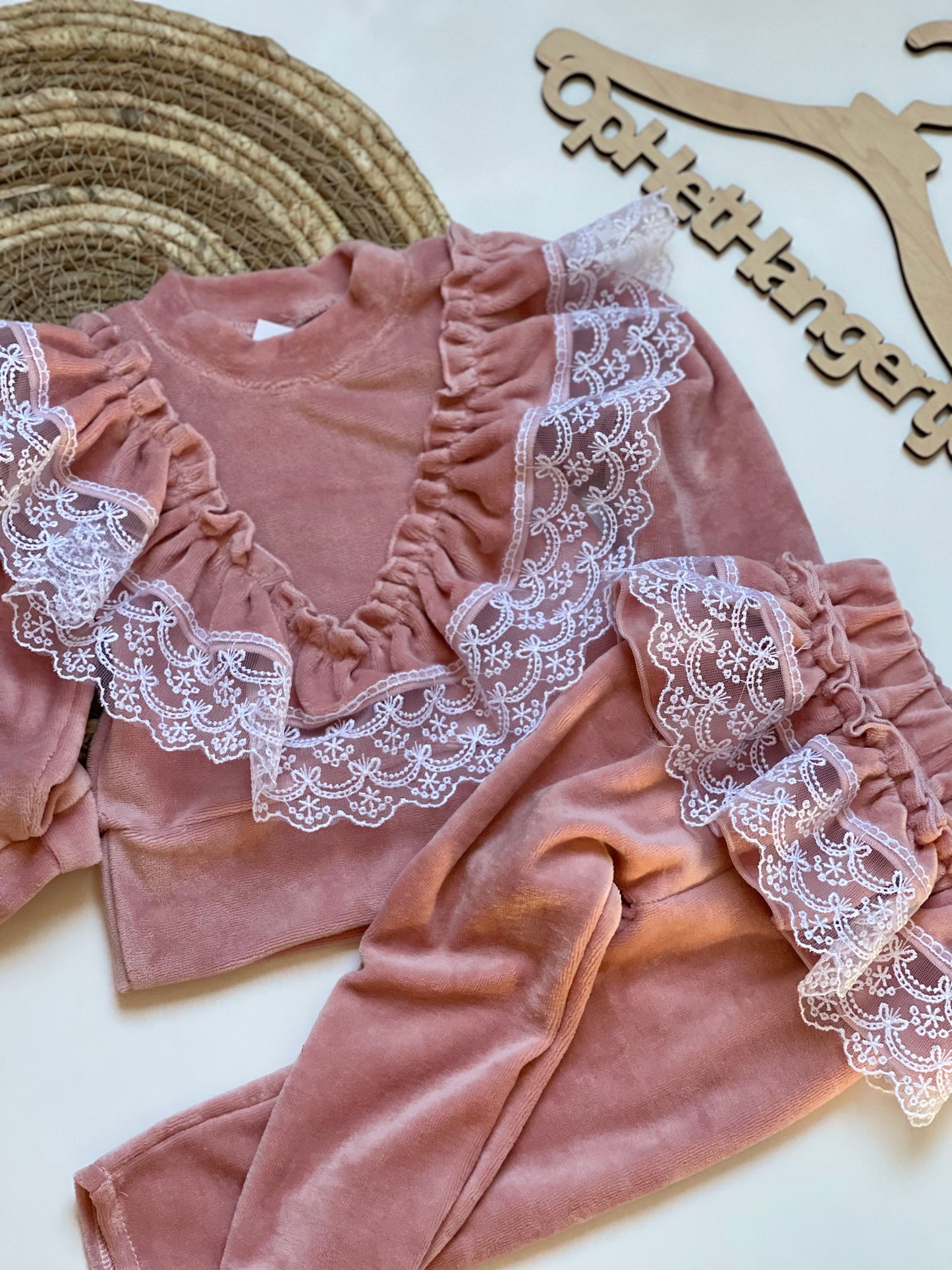 Meisjes Setje 'Sporty Glamour' Velours Sweatshirt Met Legging Met Ruches met Kant Oud-Roze