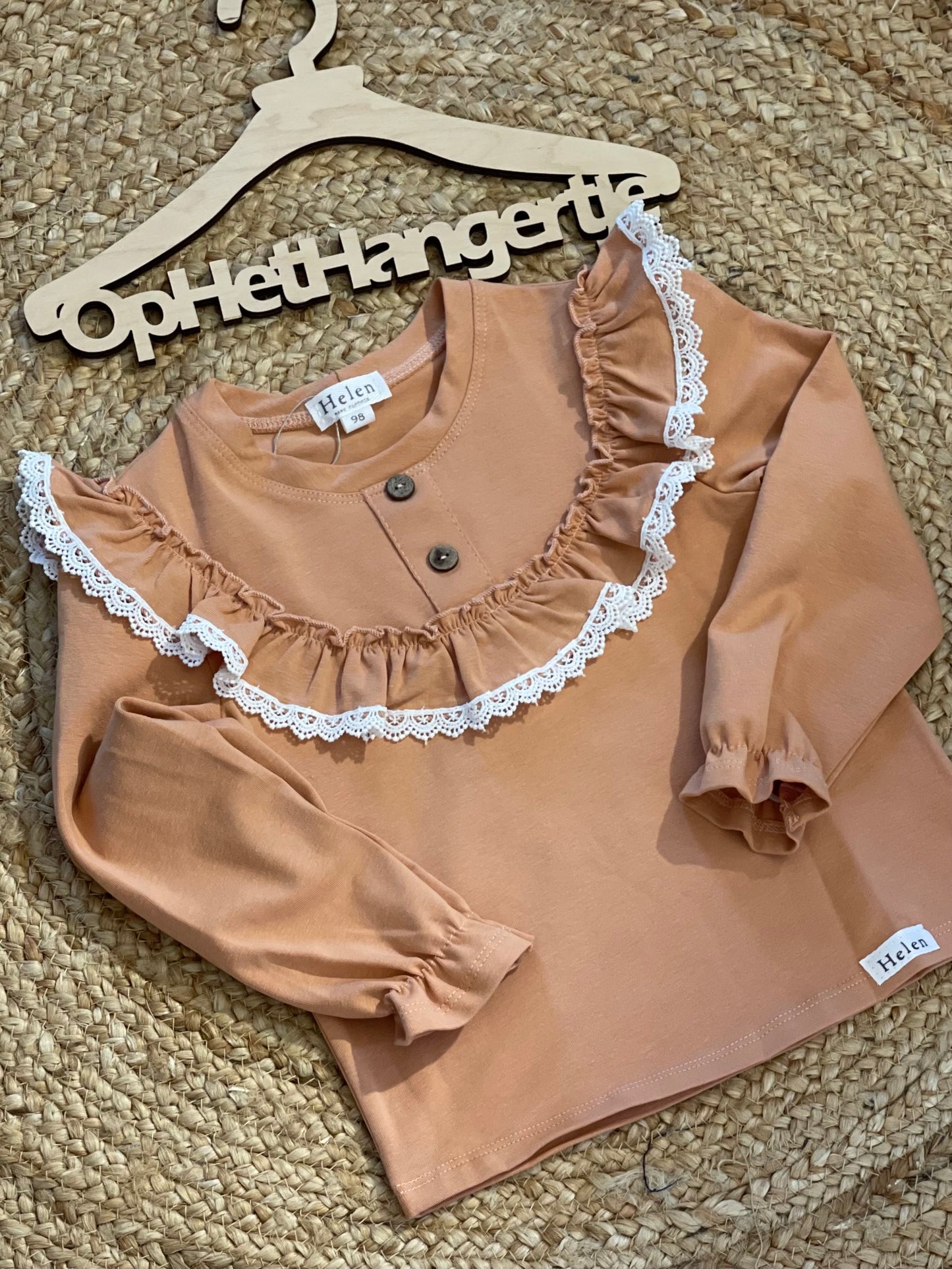 Meisjes Blouse Met Ruches Borduursel Decoratieve Knopen Knoopsluiting Camel
