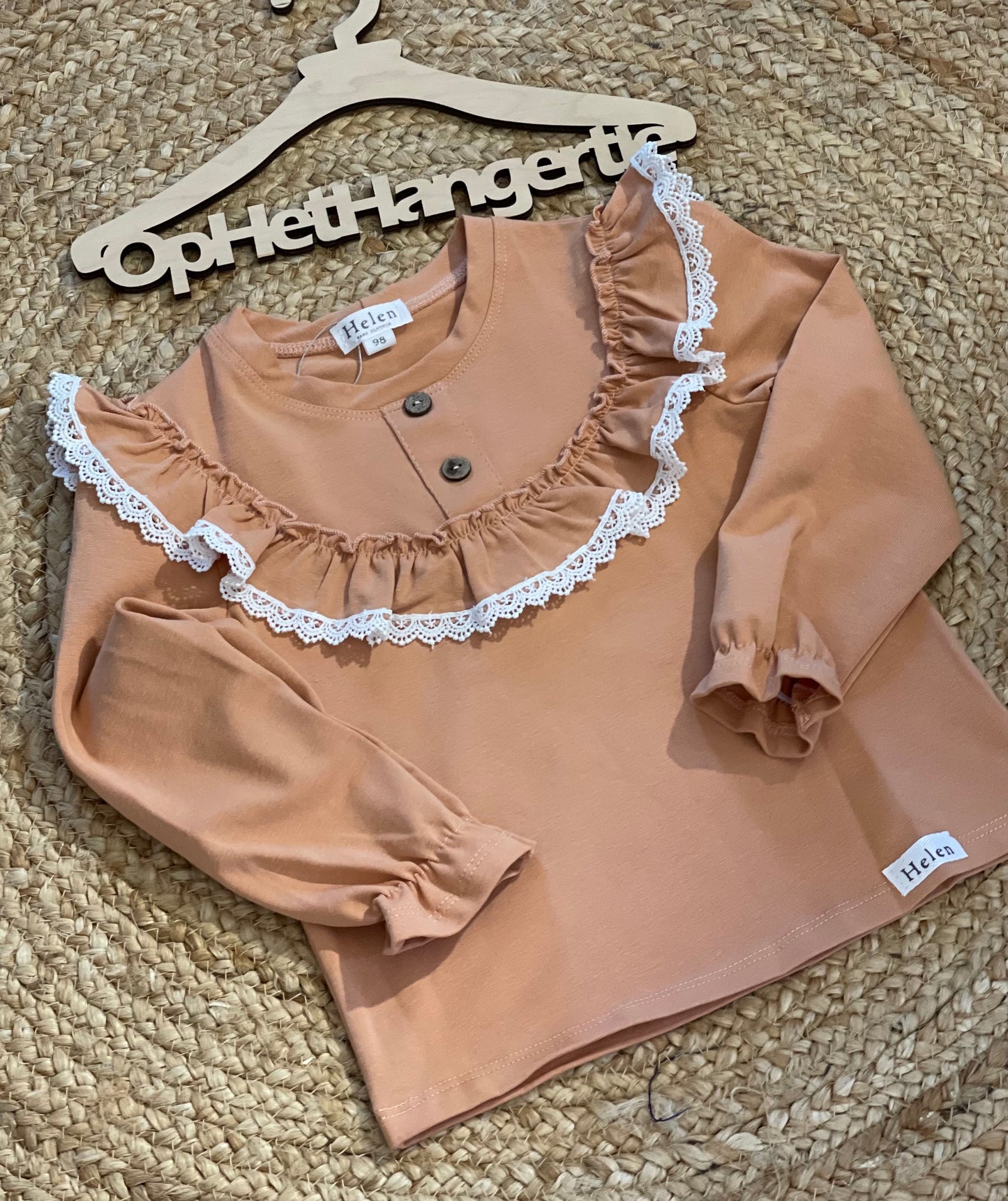 Meisjes Blouse Met Ruches Borduursel Decoratieve Knopen Knoopsluiting Camel