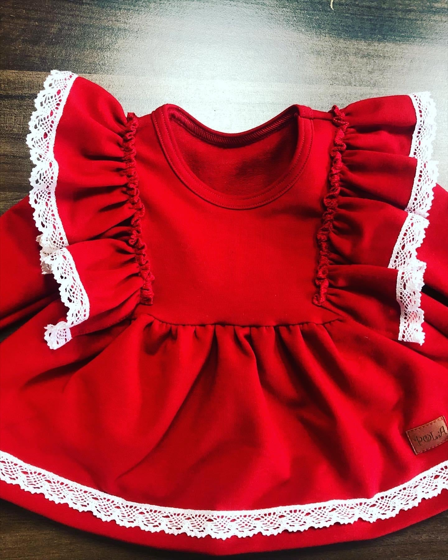 Jurkje 'Ruby' Met Ruches En Borduursel En Haarband Rood / Wit