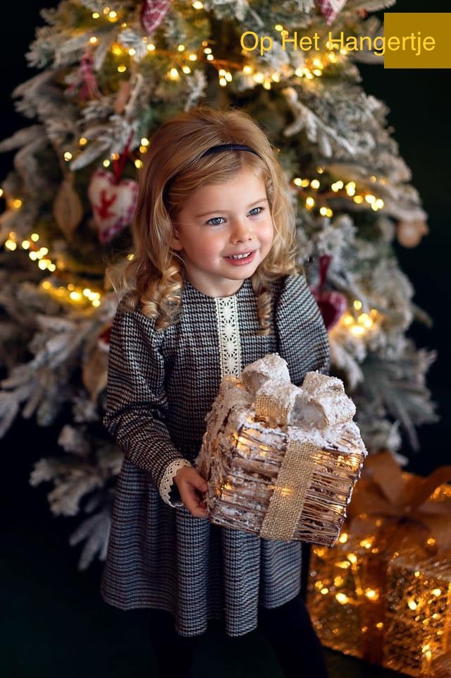 Jurkje 'Elisabeth' Met Decoratieve Witte Strik en Borduursel Pied-De-Poule Zwart / Beige / Topaas