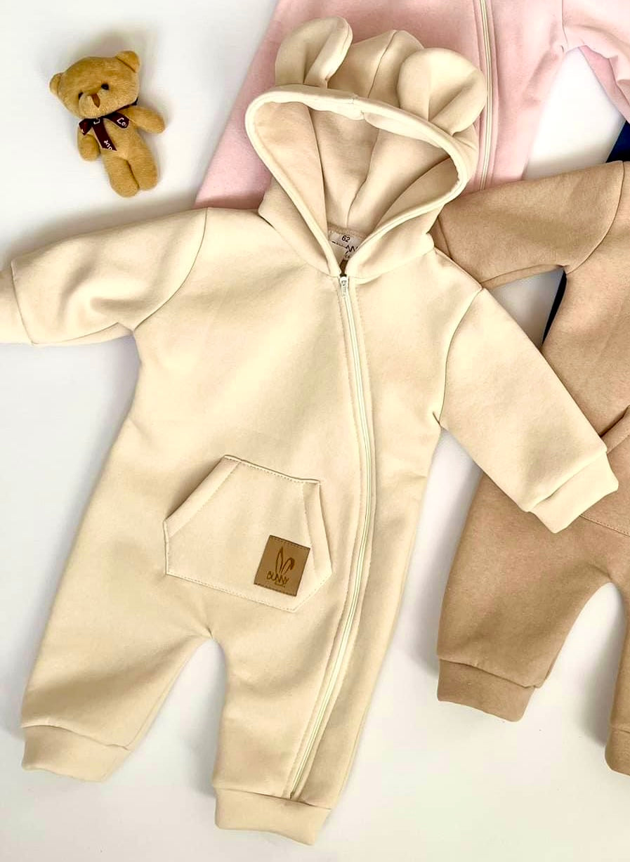 Unisex Babypak Met Capuchon Met Berenoren Ritssluitling Fleece Beige