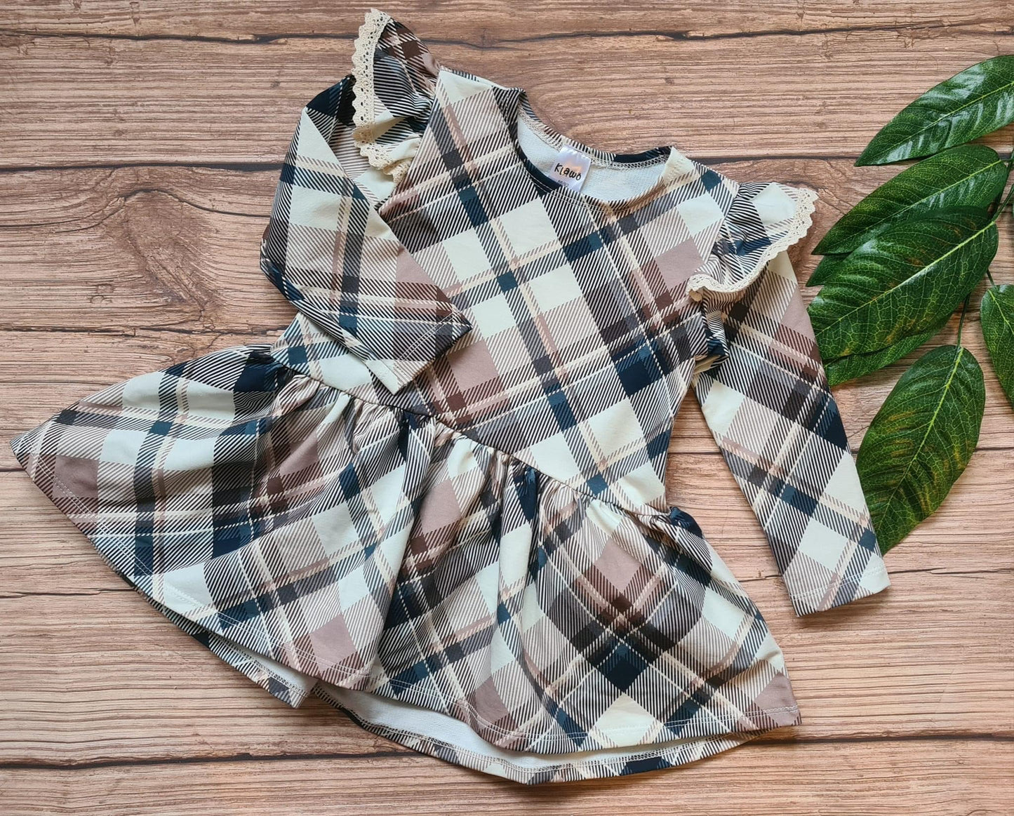 Jurkje ‘Sophia’ Met Ruches met Decoratief Borduursel Beige Geruit Motief Beige/ Zwart / Blauw / Cappuccino