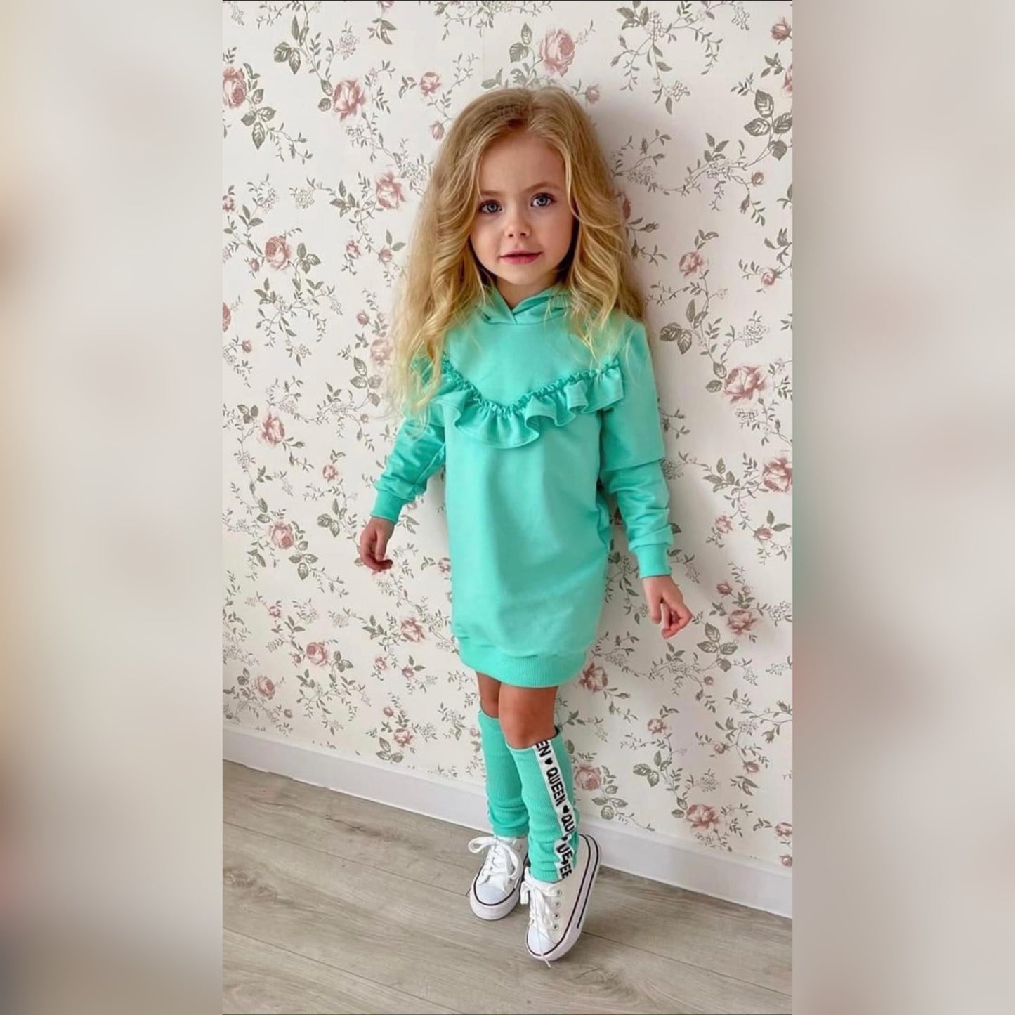 Meisjes Tuniek ‘Minty’ met Ruches en Capuchon Munt