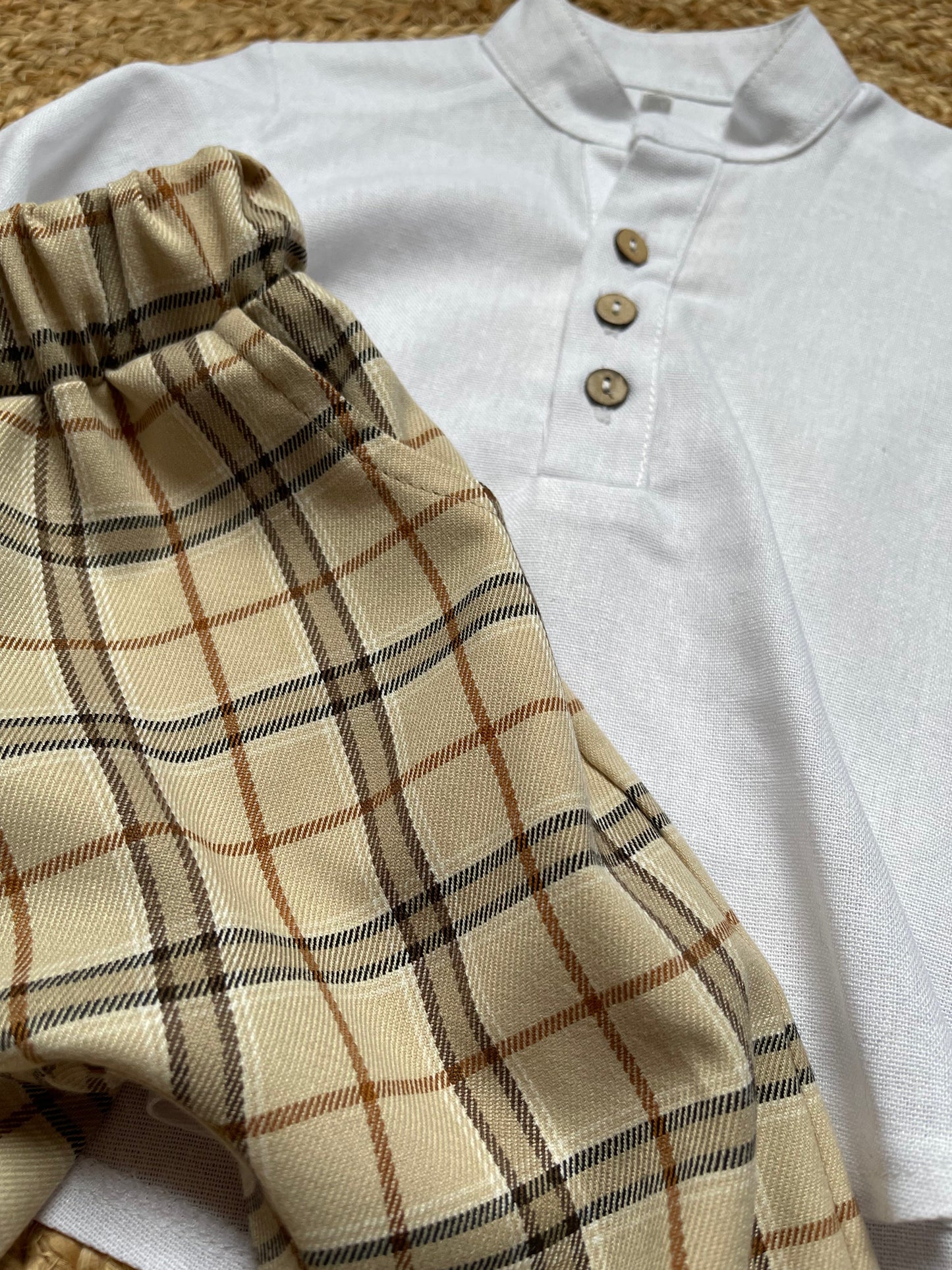 Jongens Setje ‘Stefano’ 2 Delig Blouse Met Knopen en Broek Beige / Bruin / Zwart Geruit