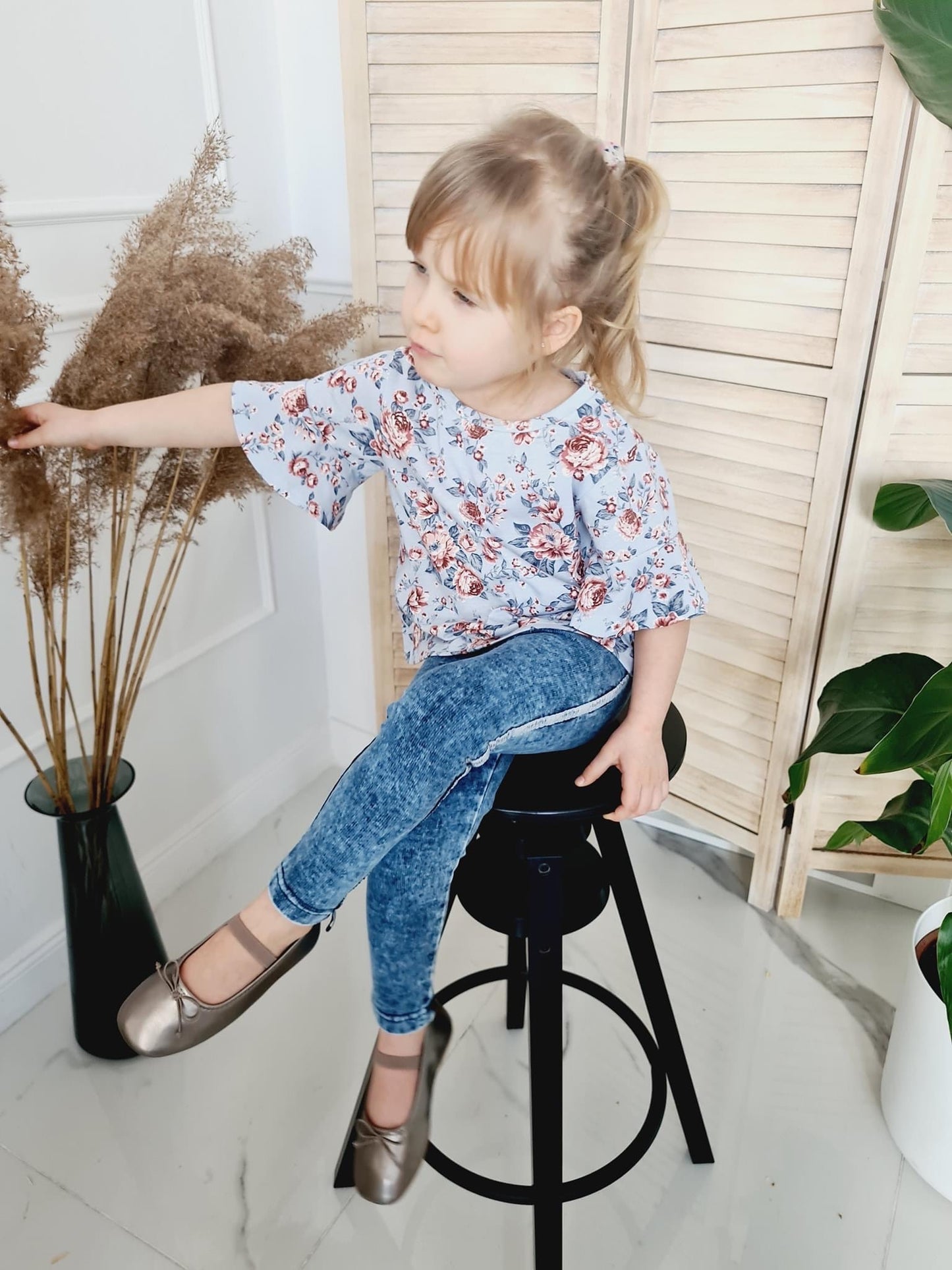 Meisjes Shirt met Ruches Blauw / Bloemenmotief