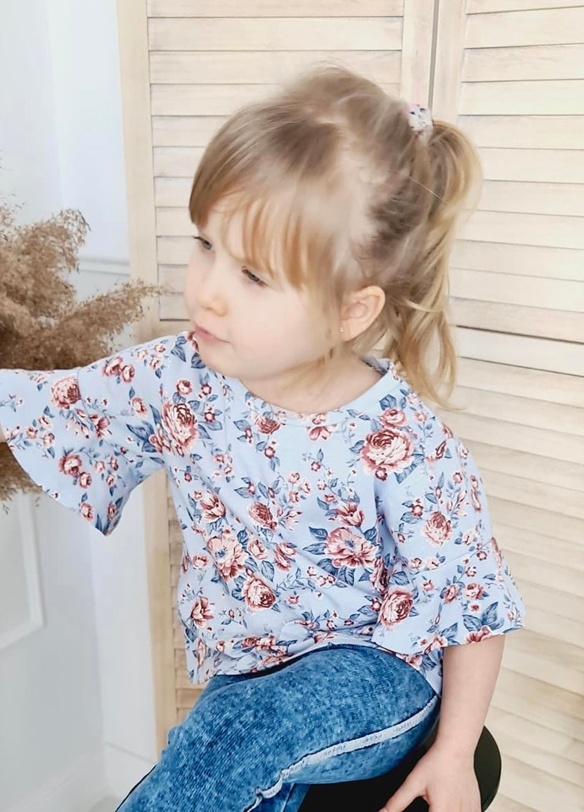 Meisjes Shirt met Ruches Blauw / Bloemenmotief