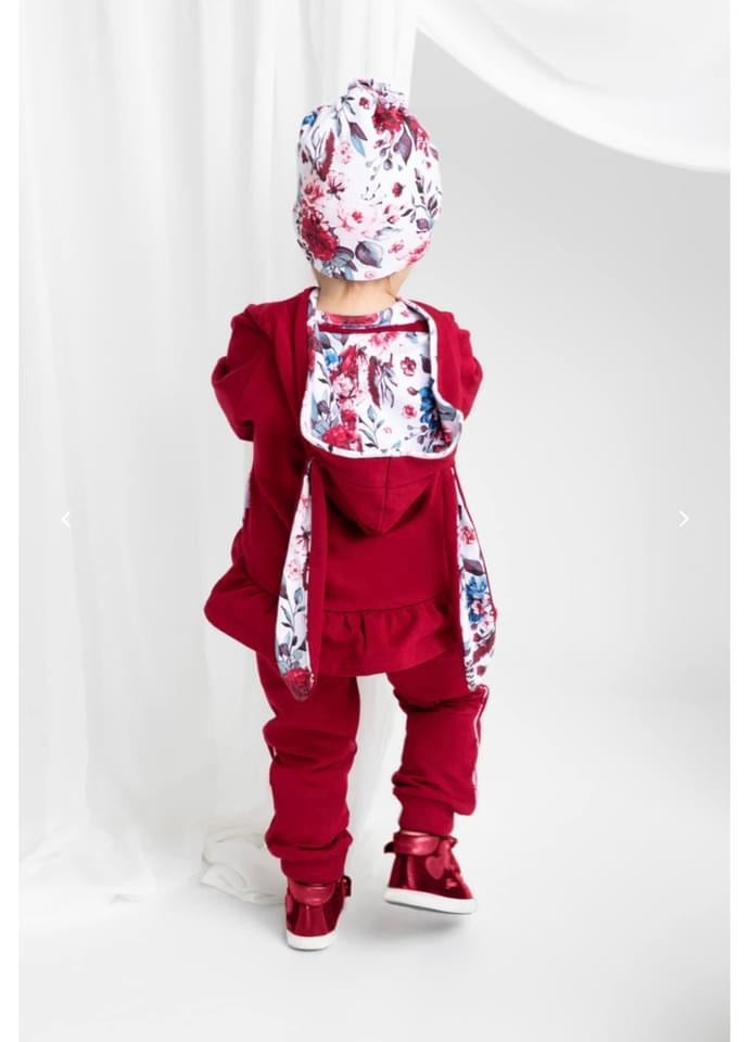 Meisjes Jasje 'Bordeaux Oren' met Rits en Capuchon met Oren en Zakken Bordeaux Rood/Bloemen motief