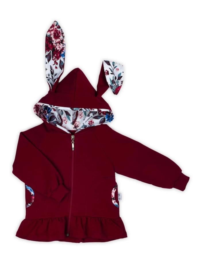 Meisjes Jasje 'Bordeaux Oren' met Rits en Capuchon met Oren en Zakken Bordeaux Rood/Bloemen motief