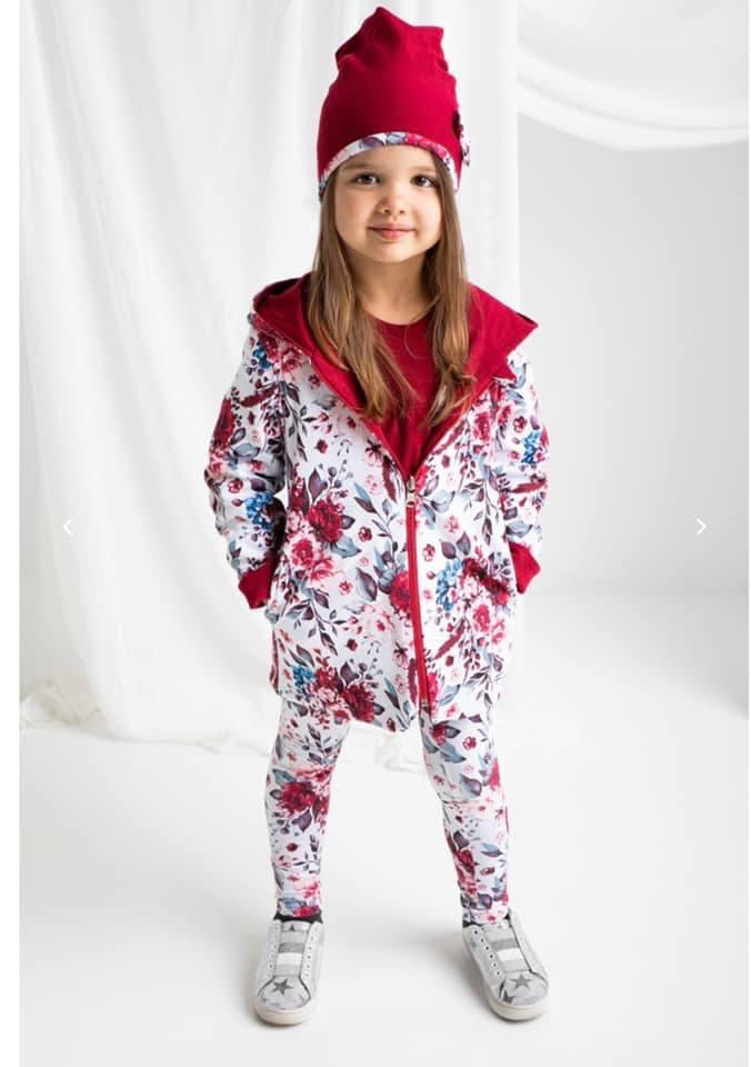 Meisjes Jasje 'Bordeaux' Dubbelzijdig met Rits en Capuchon en Zakken Bordeaux Rood/Bloemen motief