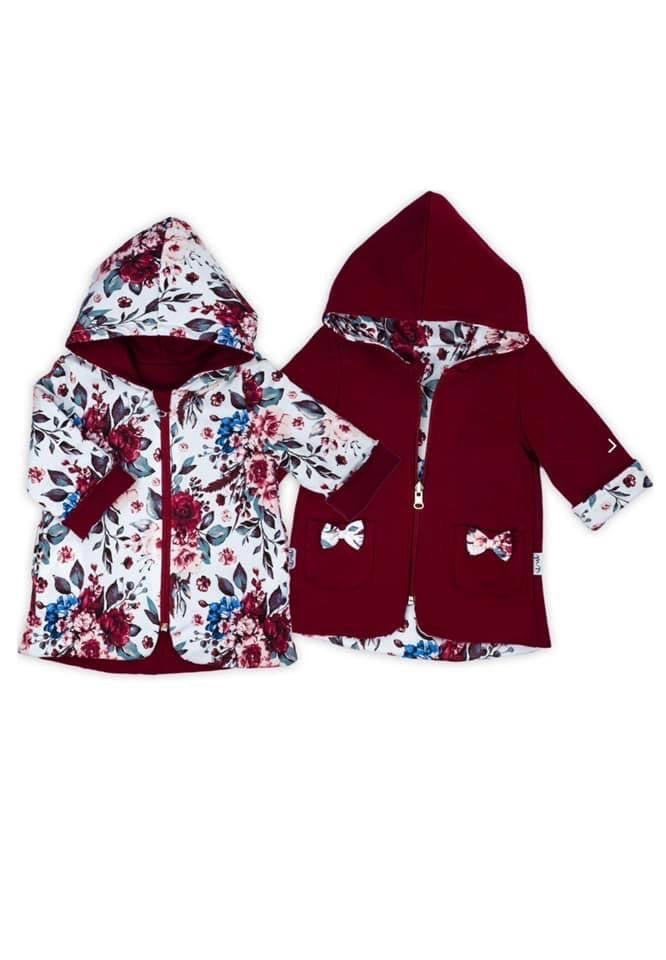 Meisjes Jasje 'Bordeaux' Dubbelzijdig met Rits en Capuchon en Zakken Bordeaux Rood/Bloemen motief