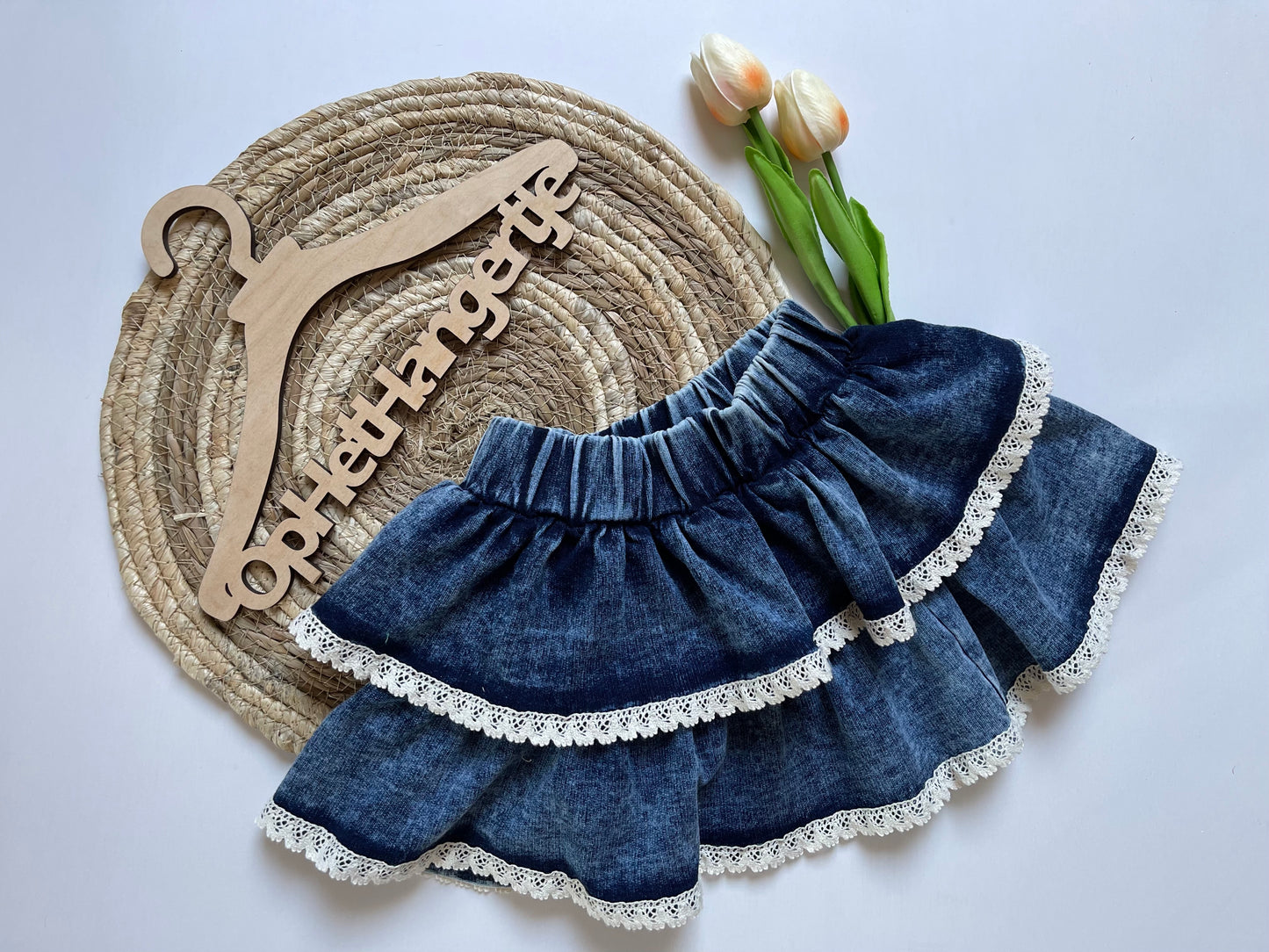 Rokje Denim-look Blauw Met Wit Borduursel