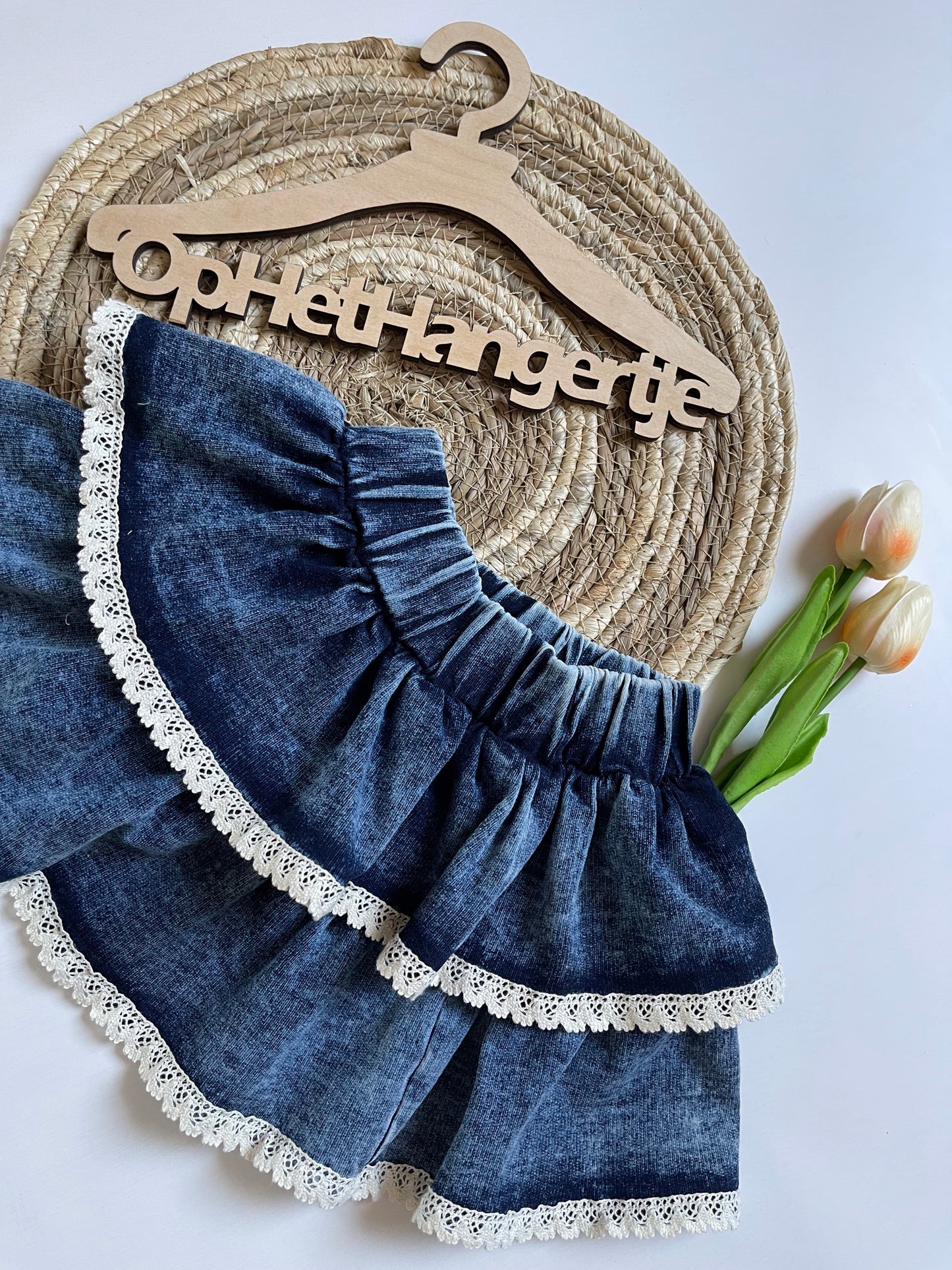 Rokje Denim-look Blauw Met Wit Borduursel