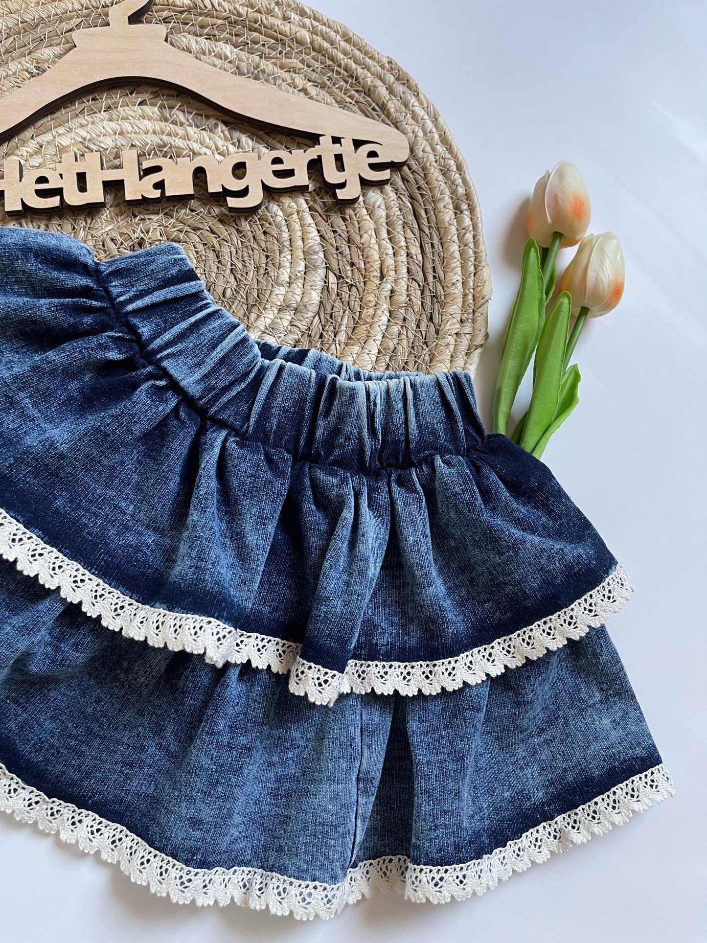 Rokje Denim-look Blauw Met Wit Borduursel