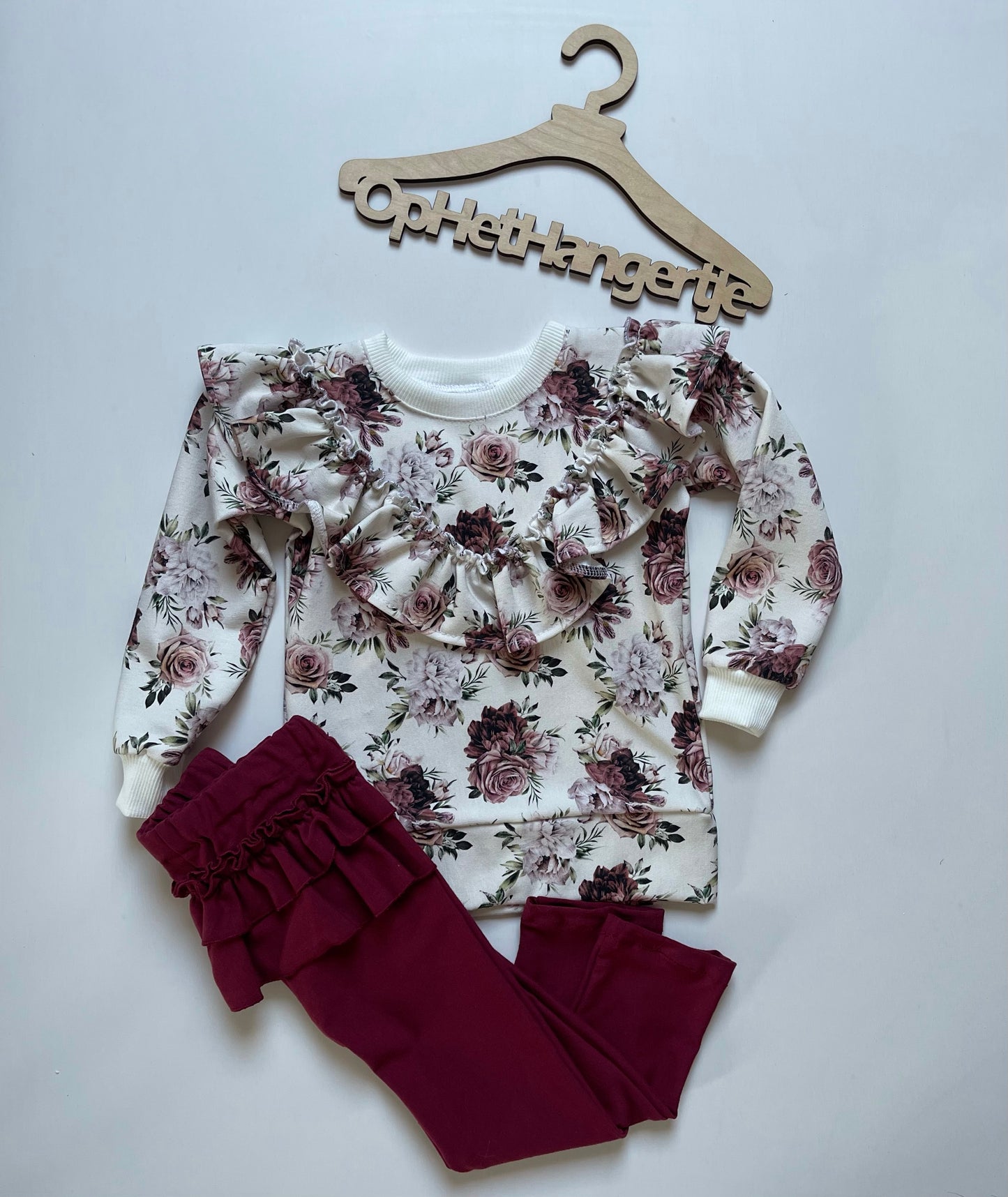 Setje Sweatshirt met Ruches Bloemenmotief met Legging met Ruches Bordeaux