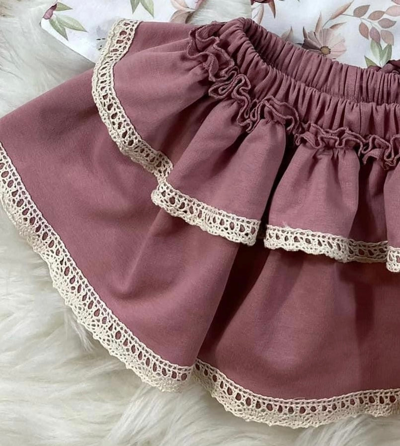 Meisjes Setje Blouse met Ruches Oud Roze met Rokje met Ruches en Borduursels Oud Roze