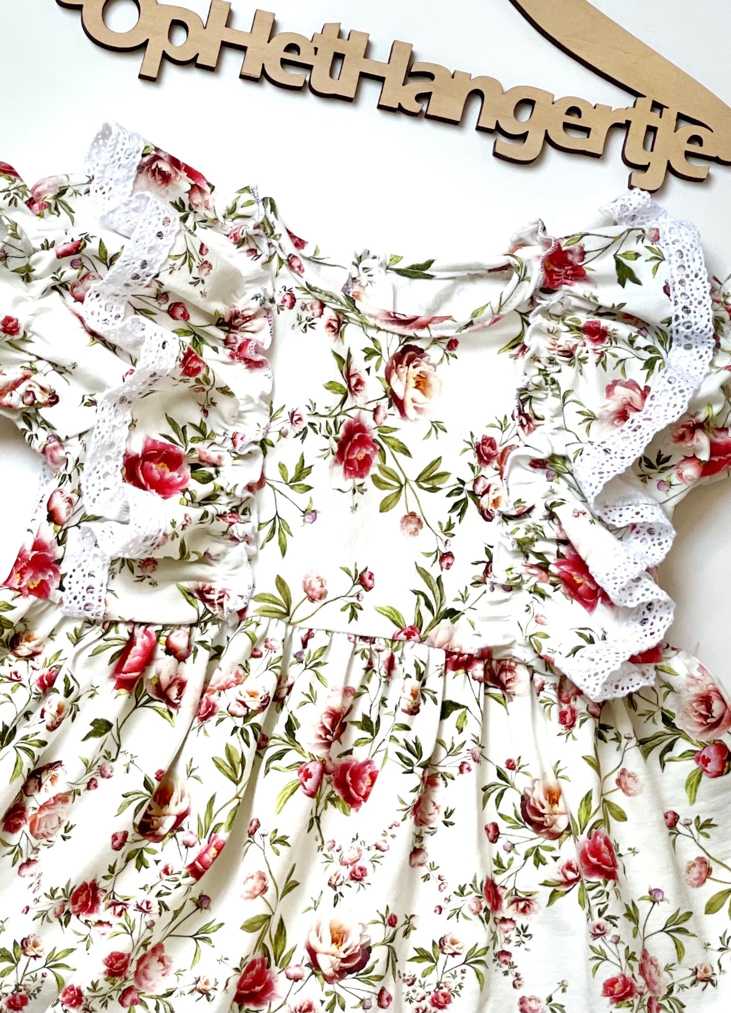 Jurkje 'Roses' Met Ruches Met Borduursels Gebroken Wit Bloemenmotief