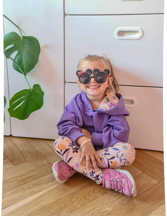 Meisjes Set ‘Salie’ Poncho Gevoerde Capuchon Violet En Legging Bloemenmotief