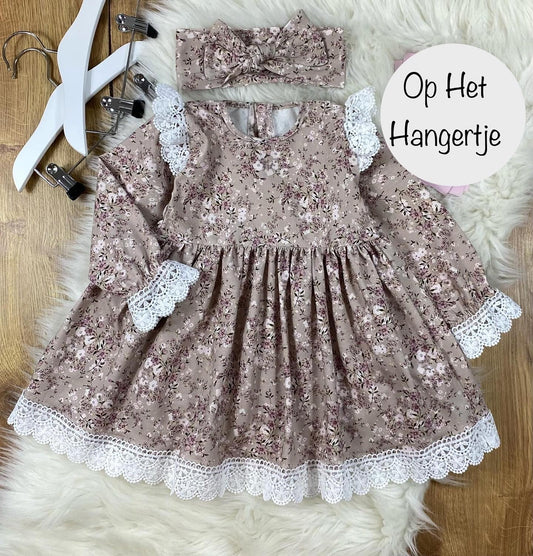 Klassiek Jurkje 'Bloesem' Latte Met Bloemenmotief en Haardband