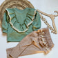 Meisjes Setje Sweatshirt met Ruches en Borduursel Zacht Olijf-Groen En Legging Met Ruches en Borduursel Beige