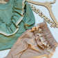 Meisjes Setje Sweatshirt met Ruches en Borduursel Zacht Olijf-Groen En Legging Met Ruches en Borduursel Beige