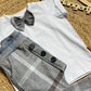 Jongens Setje 'Entertainer Grey' T-shirt met Vlinderdas Wit en Broek Decoratieve Knopen Grijs Geruit