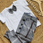 Jongens Setje 'Entertainer Grey' T-shirt met Vlinderdas Wit en Broek Decoratieve Knopen Grijs Geruit