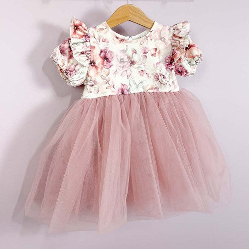 Tule Jurk 'Maja Viooltjes' Creme / Roze