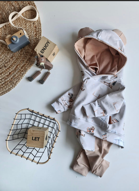 Jongens Setje 'Teddy' Hoodie met Capuchon met Oren en Jogging broek Licht Grijs / Beige