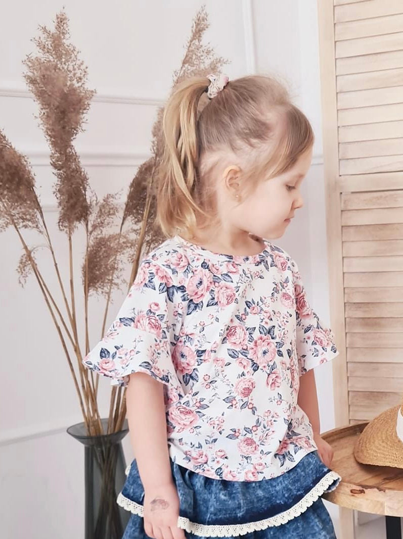 Meisjes Shirt met Ruches Creme / Bloemenmotief