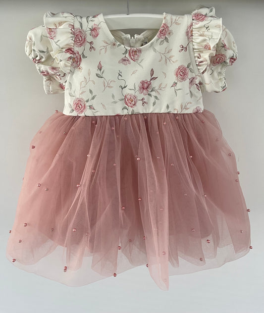 Tule Jurk 'Maja Ochtend Dauw' Creme / Roze met Pareltjes