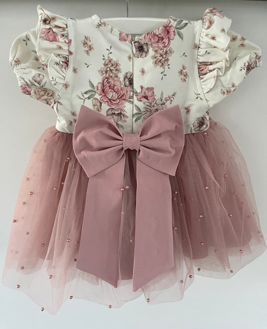 Tule Jurk 'Maja Retro Flowers' Creme / Roze met Pareltjes
