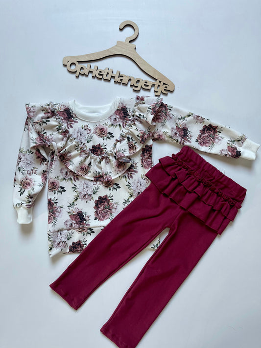 Setje Sweatshirt met Ruches Bloemenmotief met Legging met Ruches Bordeaux