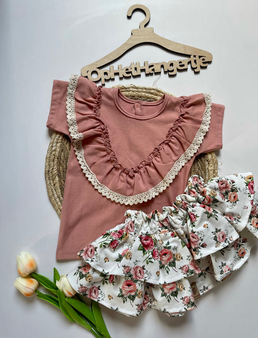 Setje T-Shirt met Ruche Oud Roze met Rokje met Ruches Bloemenmotief Ecru