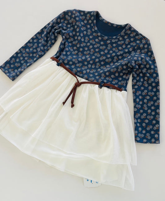 Jurkje met Chiffon 'Dandelion' Navy Blauw / Wit met Koord