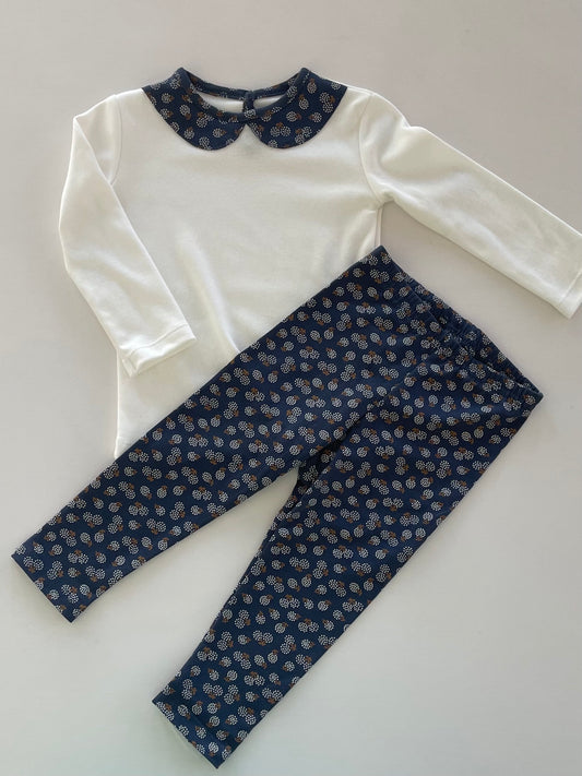 Meisjes Setje 'Dandelion' Longsleeve Wit / Bloemen met Legging Navy Blauw / Bloemen