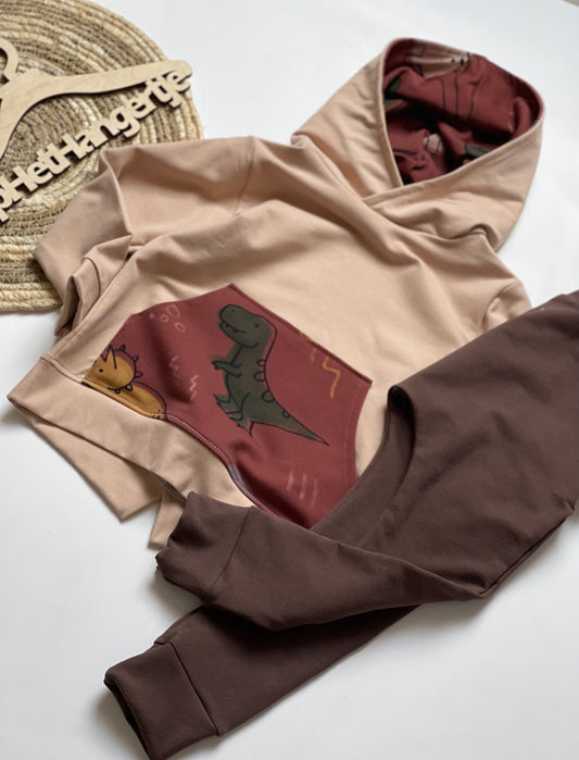 Jongens Setje 'Dino' Sweatshirt met Capuchon en dubbele zak Beige en Baggy Pants Bruin